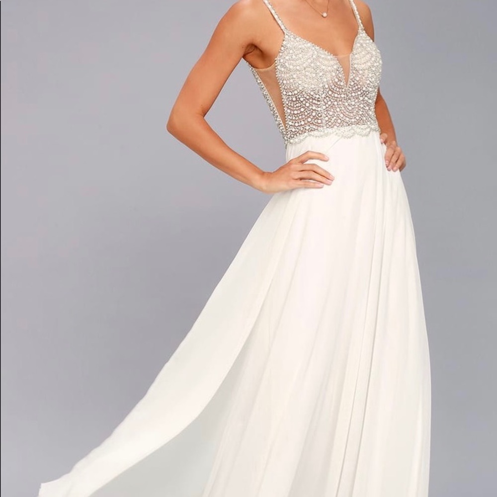 Lulus True Love White Beaded Rhinestone Maxi Dress